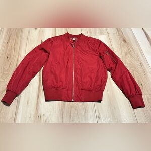 Casting LA Ruby Red Lightweight Bomber Jacket with gold zipper accents